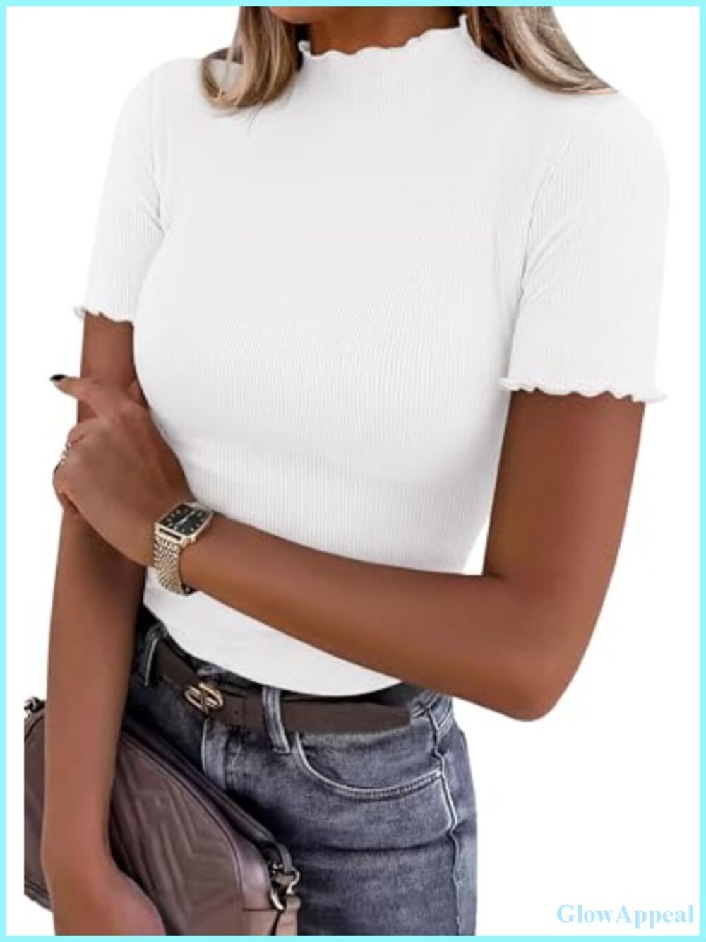 Ribbed Knit Mock Neck Short Sleeve T-shirt Women's Ruffle Trim Top